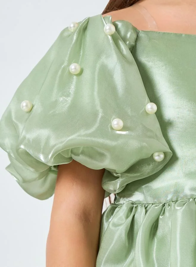 Take Two  Girls Green Pearl Puff Faux Pearl Embellished Dress for Women | Best Price UAE